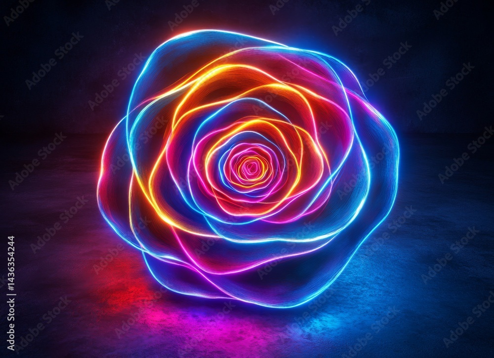 Poster red, blue, and purple hues of vibrant light streak and swirl dynamically against a dark canvas, conv