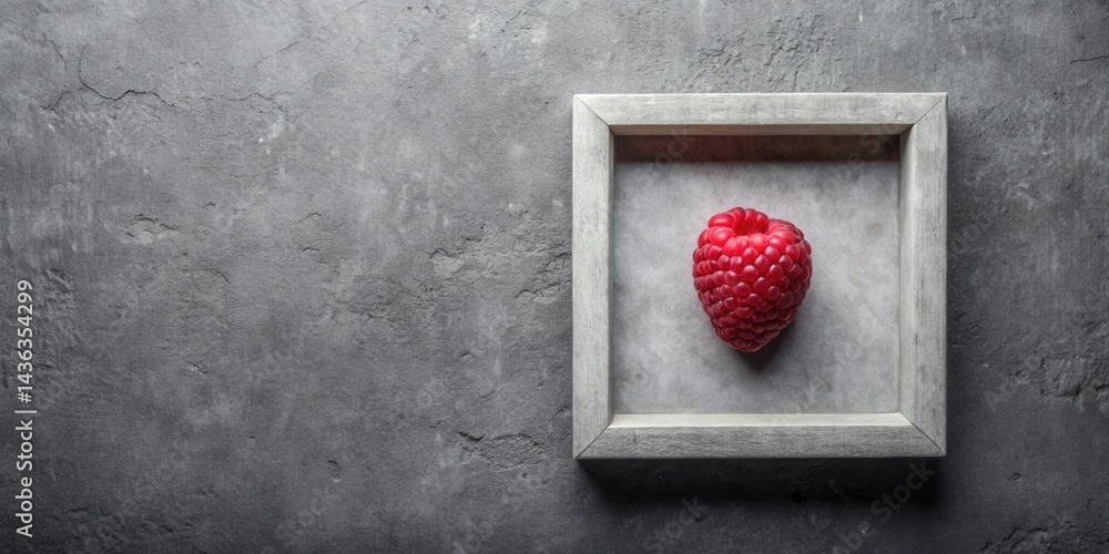 Aufkleber A single ripe raspberry artfully placed within a simple wooden frame, resting on a textured gray surface