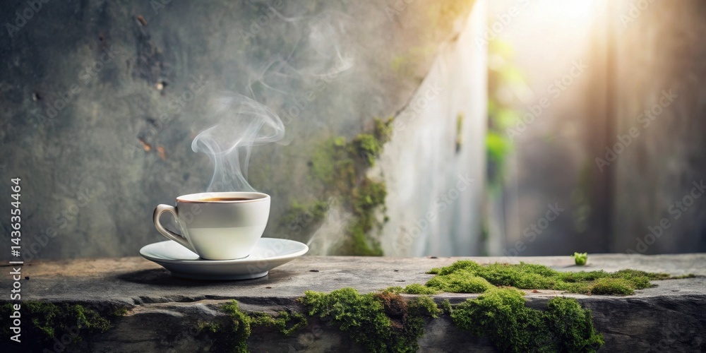 Poster a steaming cup of coffee rests on a mossy stone surface, bathed in sunlight, creating a serene and p