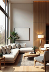 Fototapeta premium Contemporary minimalist living space 3D render with wooden accents, showcasing a modern sofa, wood coffee table, floor lamp, stylish armchair, and wide windows bathing the room in daylight. 