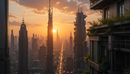 Sunset Horizons: Futuristic Cityscape with Vertical Gardens in Bloom