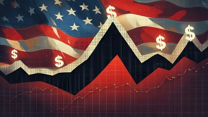 Economic decline in the United States marked by falling stock values, reduced GDP growth, and a downward trend graph set against the U.S. flag, symbolizing a national financial crisis.
