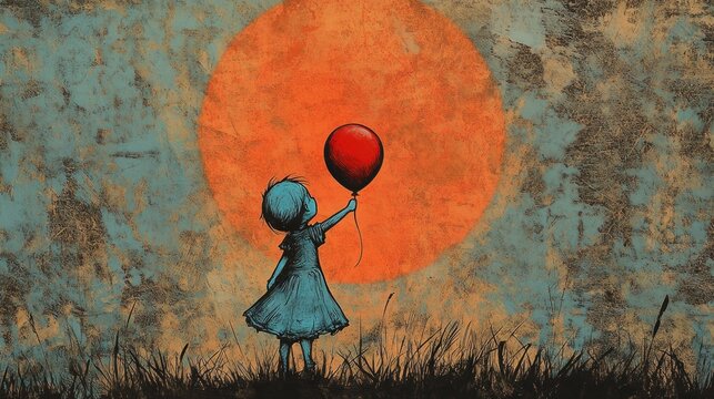 A little girl with a red balloon against a large orange sun.
