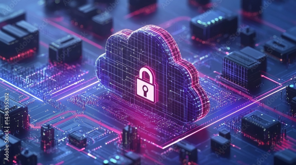 Poster a cloud icon featuring a padlock on a dark background embodies the notion of cloud computing securit