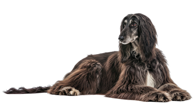 Calm Afghan Hound Lying Down Relaxed Luxurious Fur Isolated White Background Full Body Sighthound Portrait