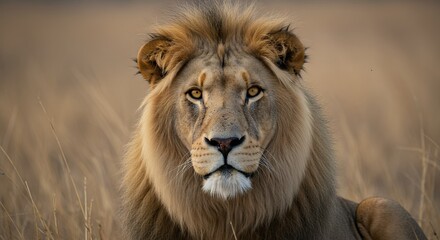 Lion Portrait in Grassland