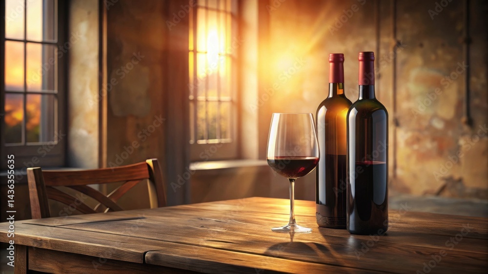 Aufkleber Sunset-lit rustic wooden table with two bottles of red wine and a glass