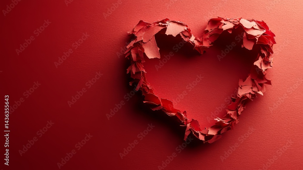 Poster a red, torn-paper heart and a paper flag with a rainbow pattern exist together in this scene