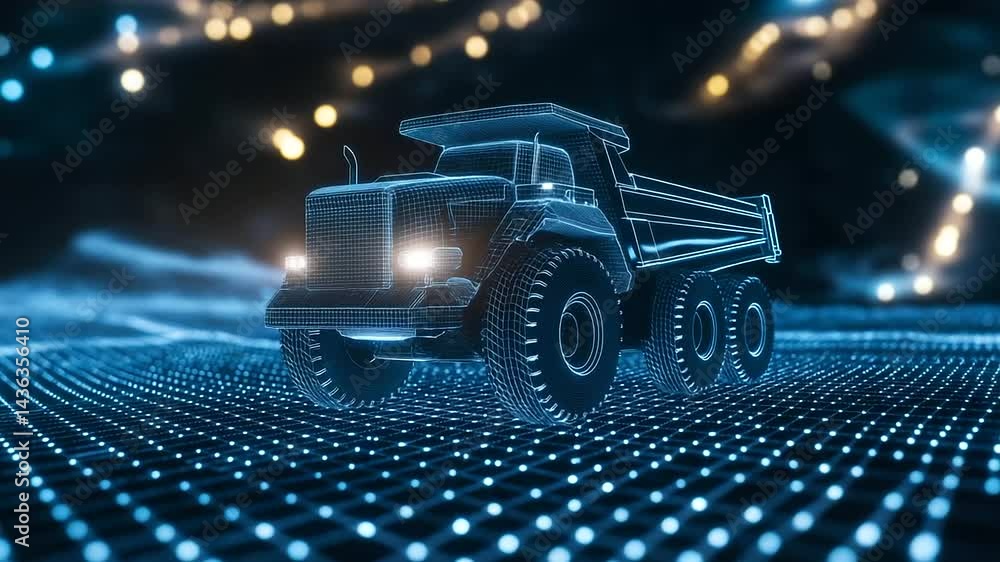 Poster a concept mining truck designed with aerodynamic curves and illuminated smart sensors, driving acros