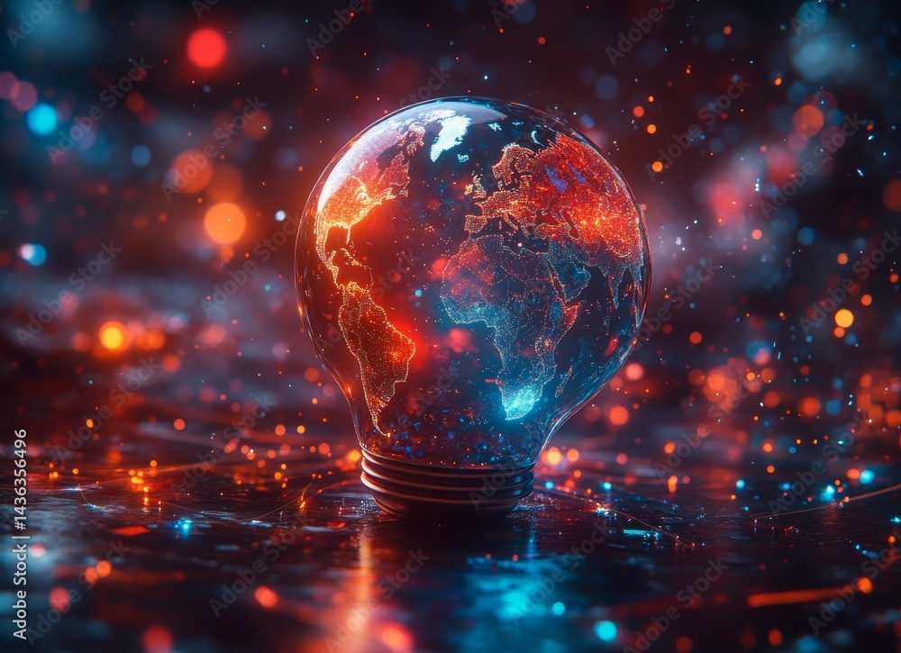 Poster global innovation is symbolized in a striking double exposure image of a world map encapsulated with