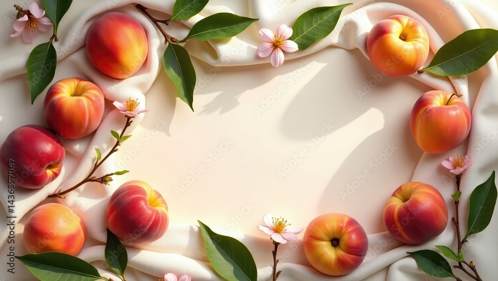 Poster fresh peaches and flowers arranged elegantly on soft fabric in a well-lit setting