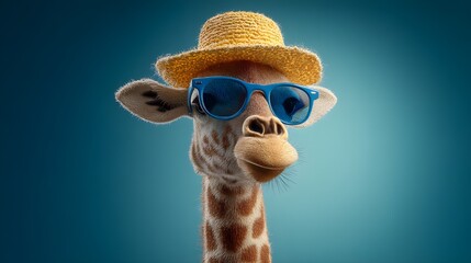 Summer-Ready Giraffe: An animated giraffe, sporting a stylish straw hat and cool sunglasses, exudes a cheerful, vacation-ready vibe. Perfect for projects emphasizing fun and relaxation.