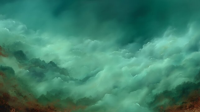 A dreamy, ethereal landscape of teal clouds rolling over a dark, textured land.
