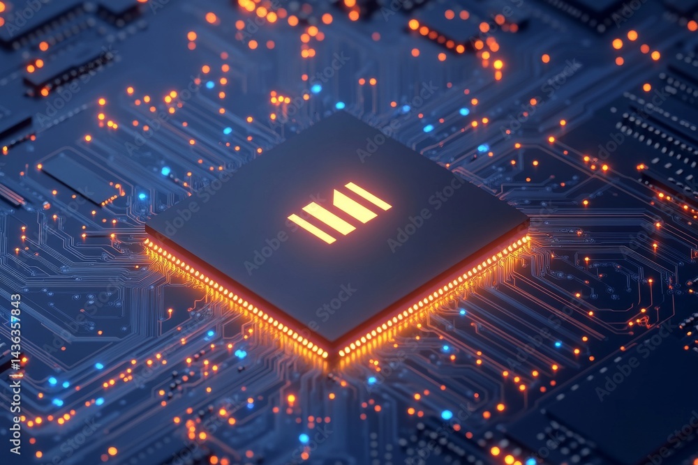 Poster close-up view of a modern gpu card with circuit blue neon lights, a concept for ai and data network 