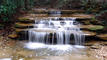 Stone-stepped waterfall cascading into a natural creek. Forest backdrop and tranquil setting