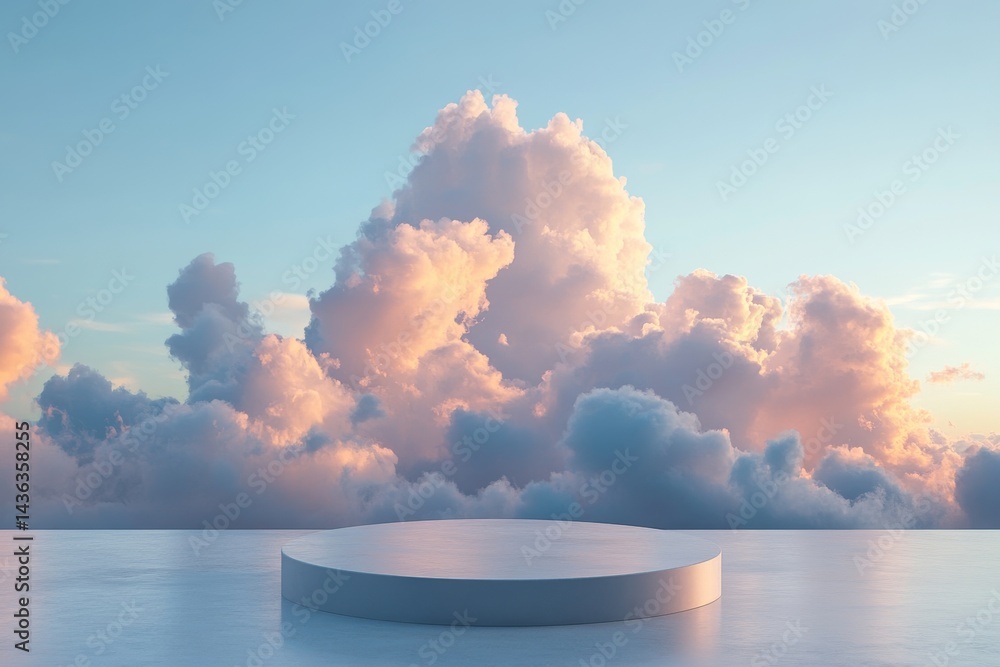 Poster sunlight and clouds in the sky serve as the backdrop for a podium in a mockup