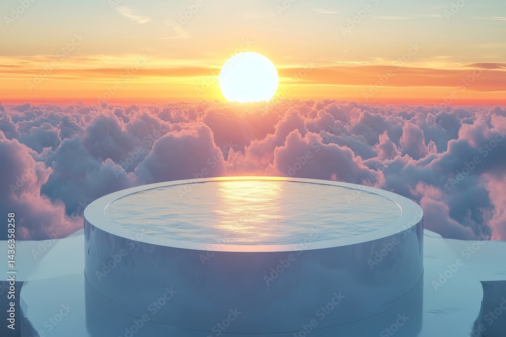 Poster the podium in the mockup is illuminated by sunlight with clouds visible in the sky