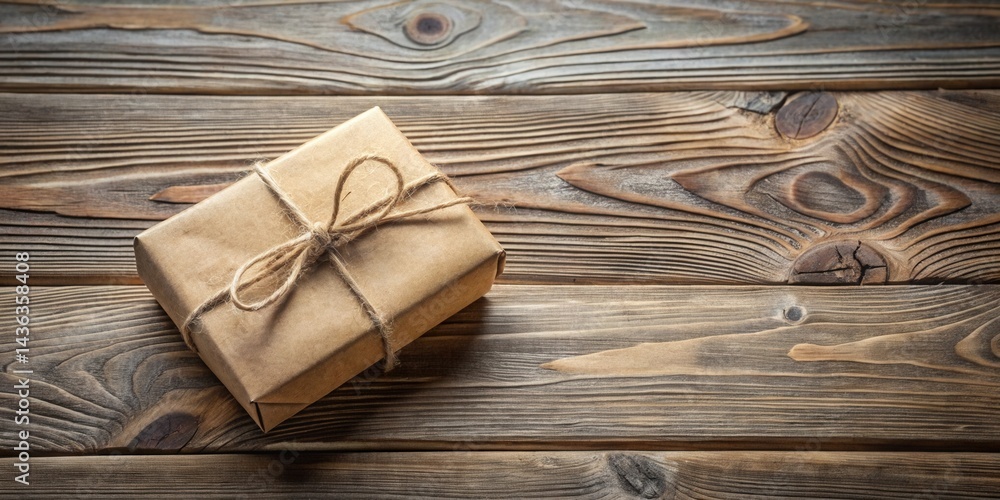 Poster a rustic brown gift box tied with twine sits on a weathered wooden surface