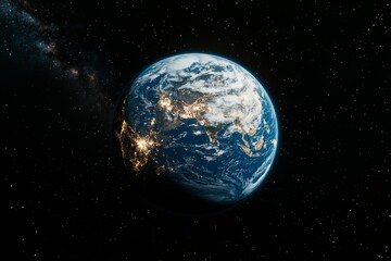 The planet globe features a background of illumination with futuristic sparkling lights