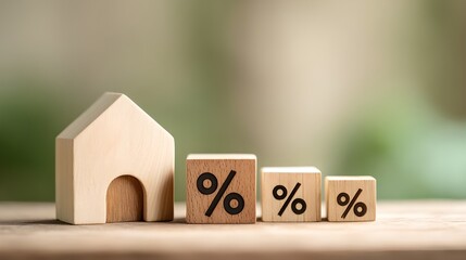 Home Interest Rates: A small wooden house model sits beside three increasing percentage (%) blocks symbolizing rising interest rates on mortgages and home loans.