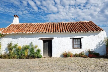 Traditional whitewashed rural house with red clay tile roof