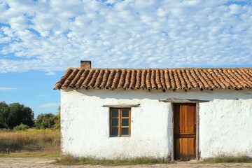Traditional whitewashed rural house with clay tile roof