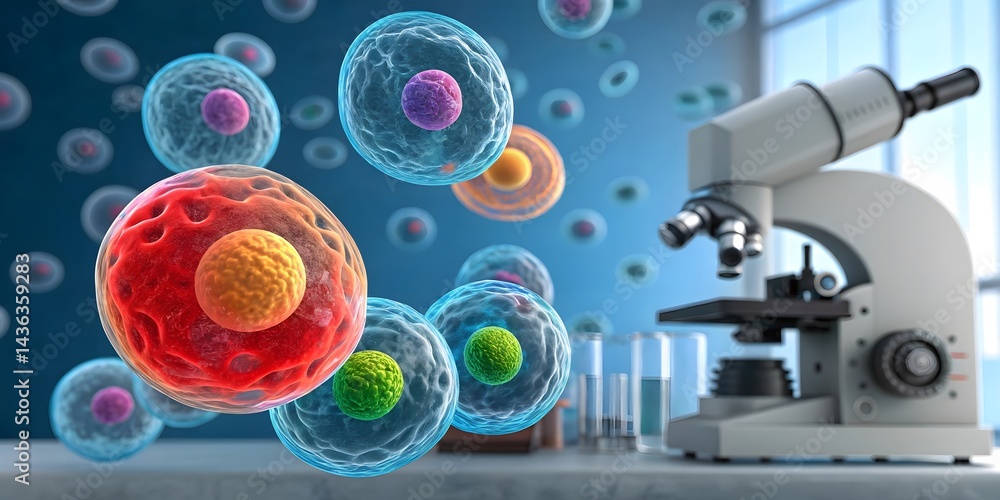Poster vibrant embryonic stem cells under microscope,adetailed3dillustration of cellular structures in alab