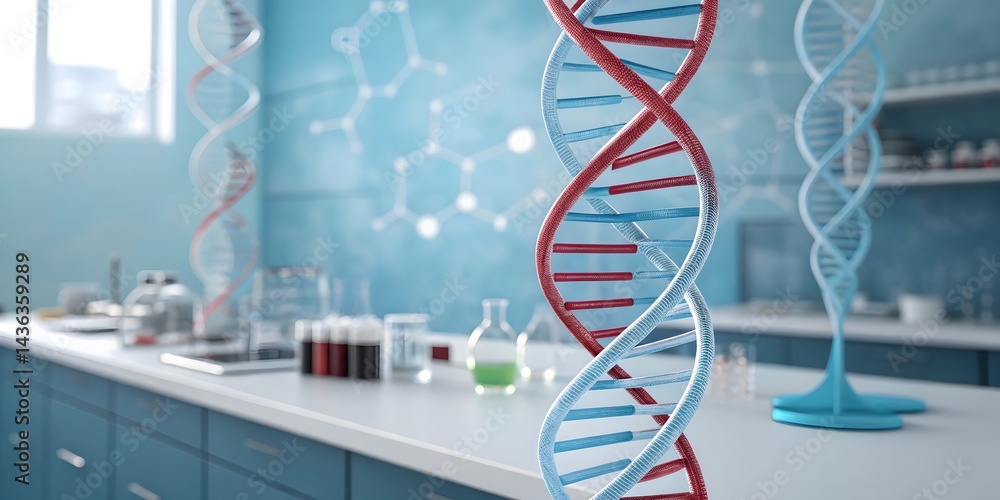 Poster unlocking lifes code a 3d rendering of a dna molecule spiral in a modern laboratory setting, showcas
