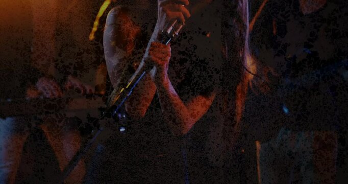 Lead singer performing on dark stage, with animated music notes and glowing equalizer bars