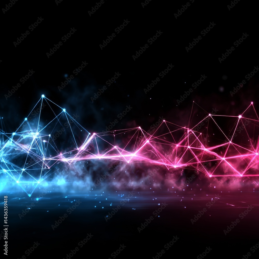 Aufkleber futuristic network connection: blue and pink plexus on dark background with smoke and particles