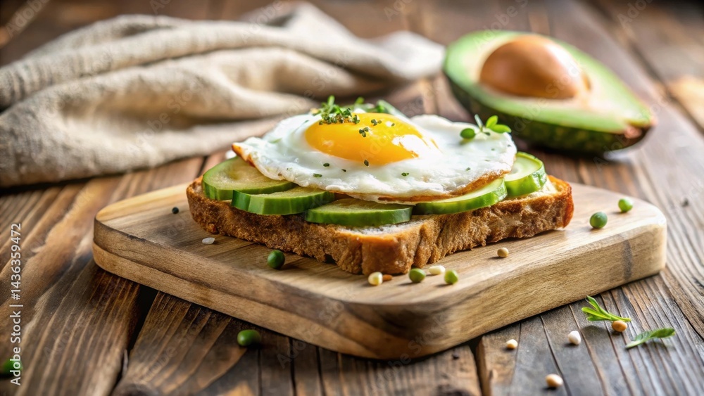Poster delicious fried egg and cucumber open-faced sandwich on whole-grain bread served on a rustic wooden 