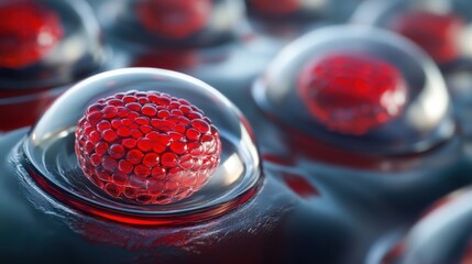 Close-up view of bioengineered cells within protective spheres.