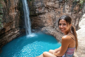 Fototapeta premium Woman sitting on rock near waterfall and blue lagoon in canyon