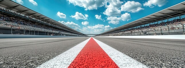 Empty racetrack viewed low angle, red edge strip, sunny sky with clouds, full stands in background, high-resolution, natural lighting, super-realistic detail.