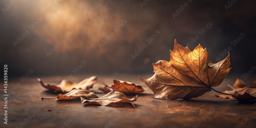 Poster autumnal still life dried leaves on rustic surface, illuminated by soft light, evoking a sense of tr