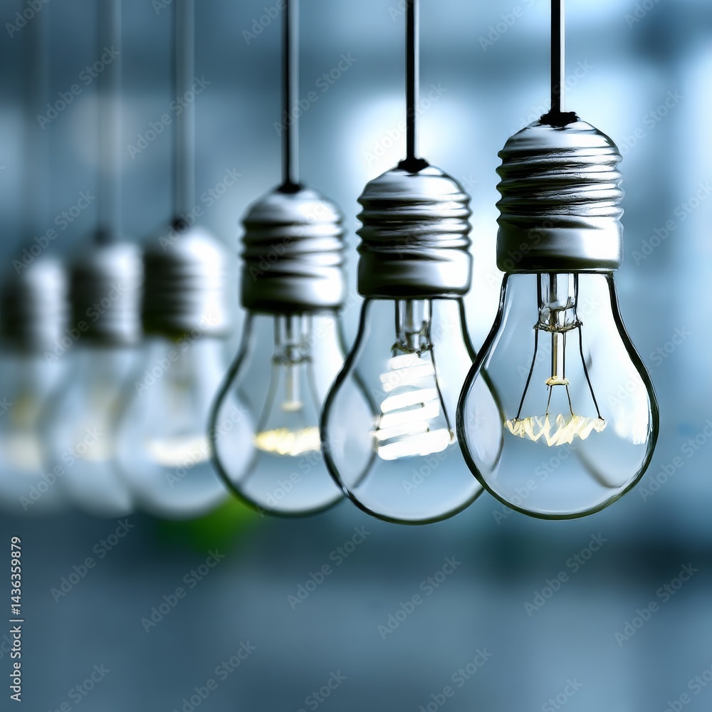 Poster illuminating innovation: a row of light bulbs showcasing different lighting technologies and the evo