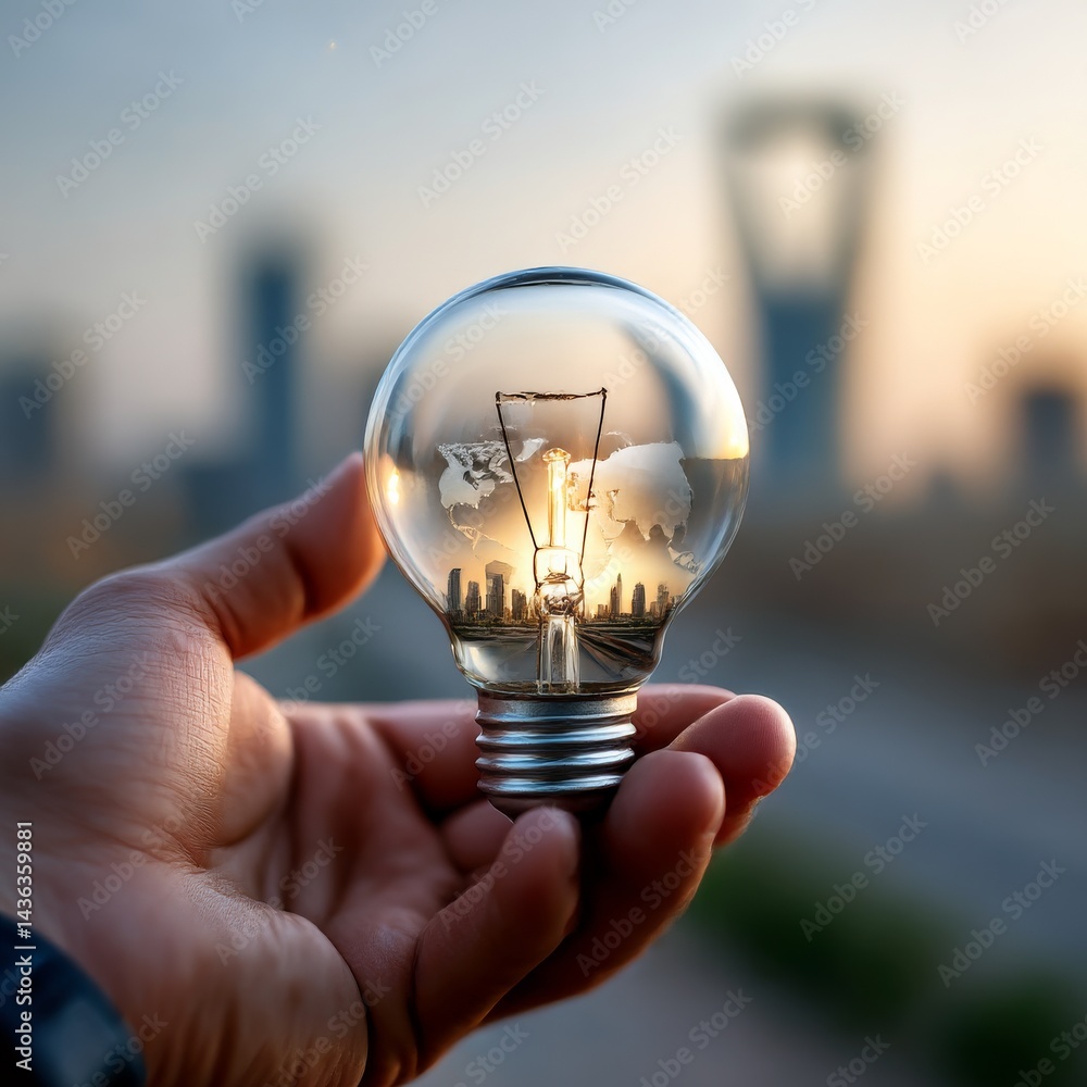 Poster innovation in hand: a lightbulb displaying a cityscape and a world map at sunset, highlighting susta