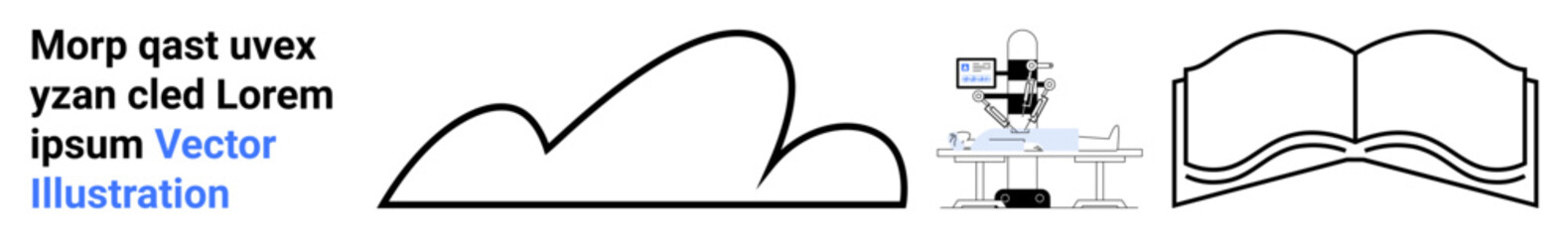 Abstract cloud contour, open book, and eye exam machine with a monitor and chair. Ideal for healthcare, technology, reading, education, science, visual data and simple landing page