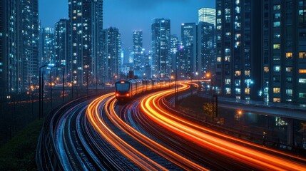 Fototapeta premium Night Train Through Urban Metropolis: A Symphony of Lights and Motion