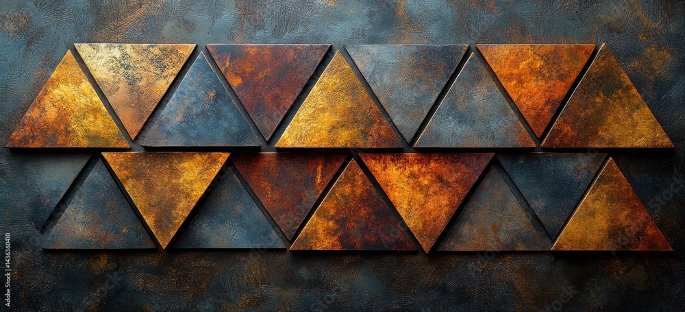 Poster geometric pattern of rusty triangles on a dark surface.