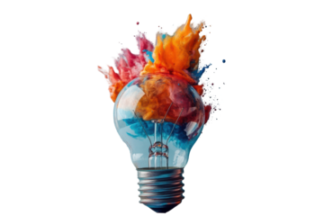Creative light bulb explodes with colorful paint, creating a vibrant burst on a white background