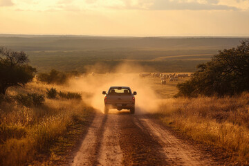 A truck drives on a dirt road through a vast field, dust trailing behind under a clear blue sky.