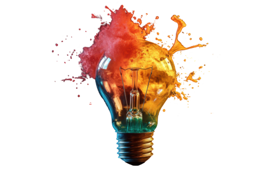Light bulb bursts open with vibrant paint splatters, creating an artistic display on white background