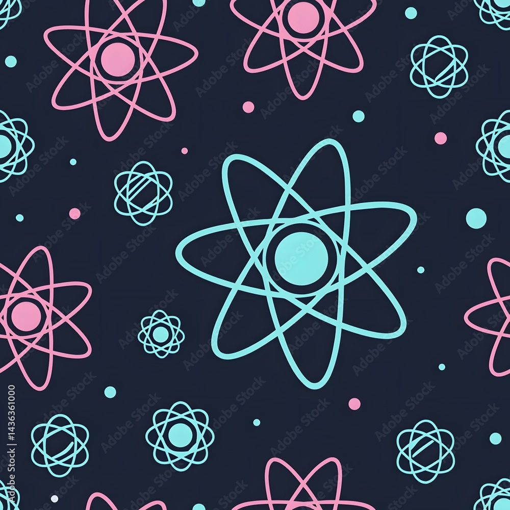 Poster neon atomic structures glowing vibrant colors dark background repeating pattern science technology d