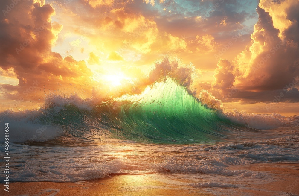 Poster sunlight breaking through the clouds illuminates a dynamic scene of liquid motion, where bubbles spl