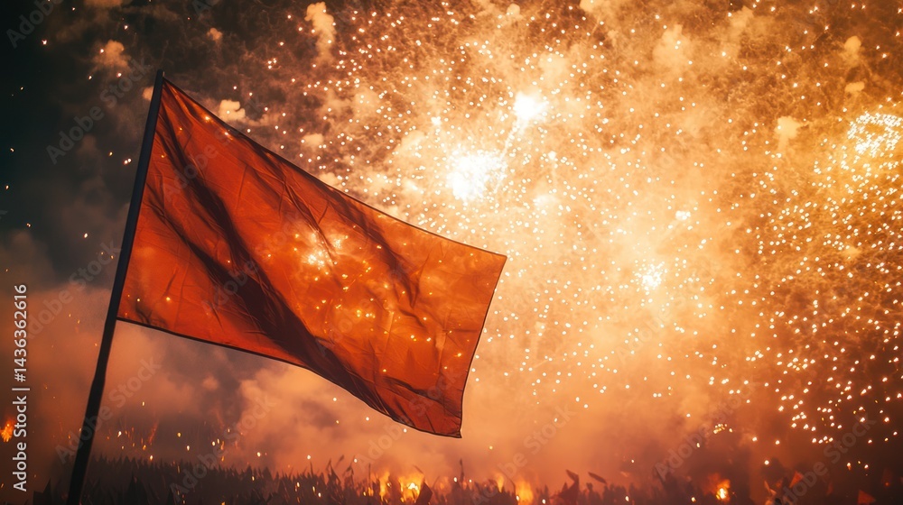 Poster a flag waving in front of a massive fireworks display.