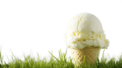 A white ice cream cone sits on a green field