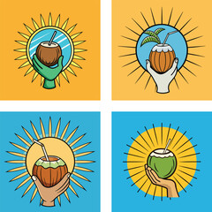 Four Illustrations Of Hands Holding Coconut Drinks With Sunburst Design Elements