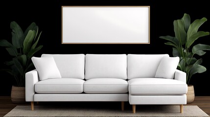 Elegant Living Room Interior with White Couch, Blank Art Frame, and Lush Greenery: A Minimalist Home Decor.