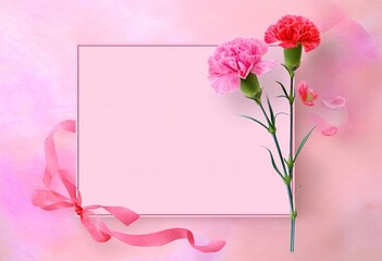 Obraz premium A pink background with carnations and ribbon on the right side, a blank white rectangle in the